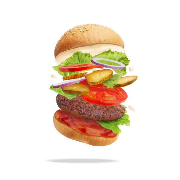 istock flying burger on a white background. burger ingredients 1412061415