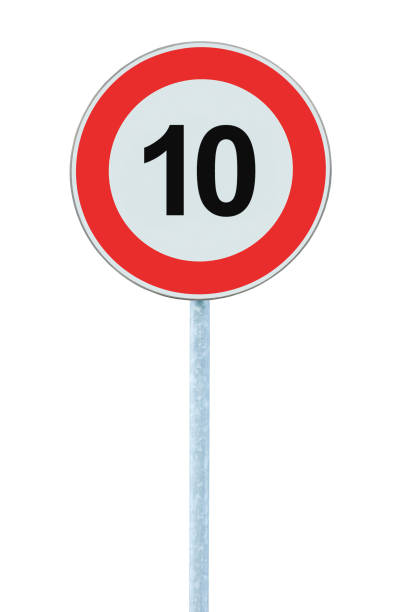 ilustrações de stock, clip art, desenhos animados e ícones de speed limit zone warning road sign, isolated prohibitive 10 km kilometre kilometer maximum traffic limitation order, red circle, large detailed vertical closeup, grey pole post - number 10 number sign speed limit sign