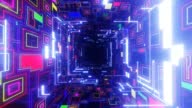 istock Fly through technology cyberspace with neon glow. Sci-fi flight through hi-tech technology tunnel. Glow line form pattern like sci-fi hologram. 3d looped seamless 4k bright background. Rainbow color 1412067390