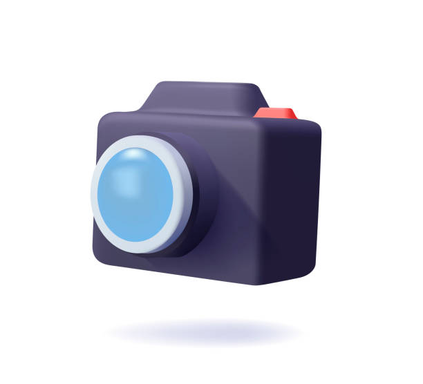 istock Photo camera. 3d vector icon. Photocamera with with lens and button render icon. Camera symbol for your web site design 1412068348
