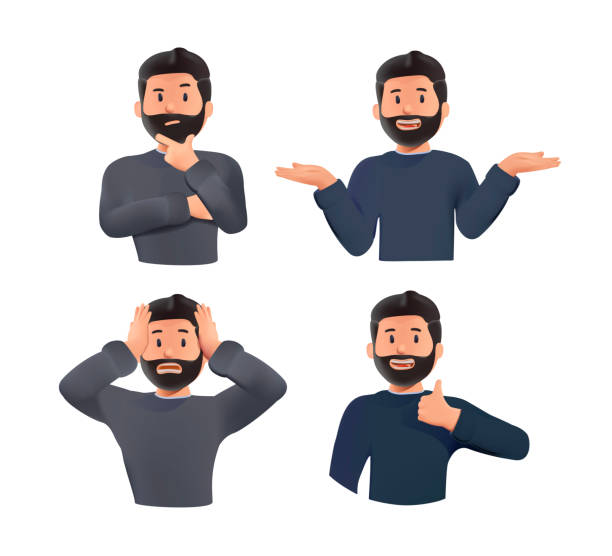 ilustraciones, imágenes clip art, dibujos animados e iconos de stock de un conjunto de la parte superior del cuerpo de los hombres jóvenes con diferentes expresiones faciales. hombre mostrando como, gesto, tristeza. emociones masculino 3d - ser mítico