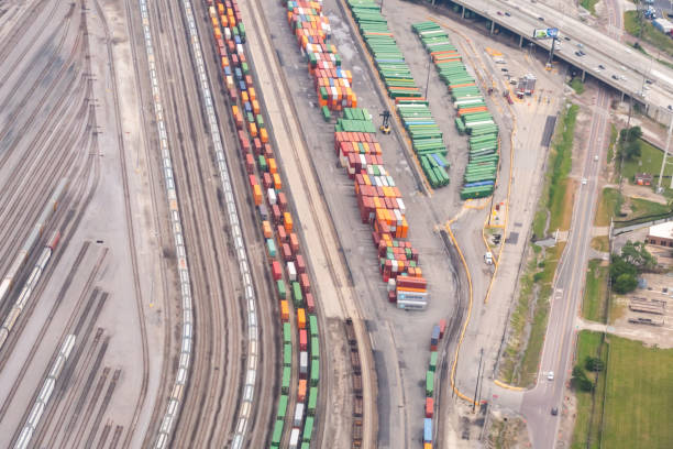 istock Aerial view of rail yard and containers 1412069763