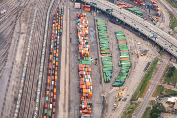 aerial view of rail yard and containers - railroad siding imagens e fotografias de stock