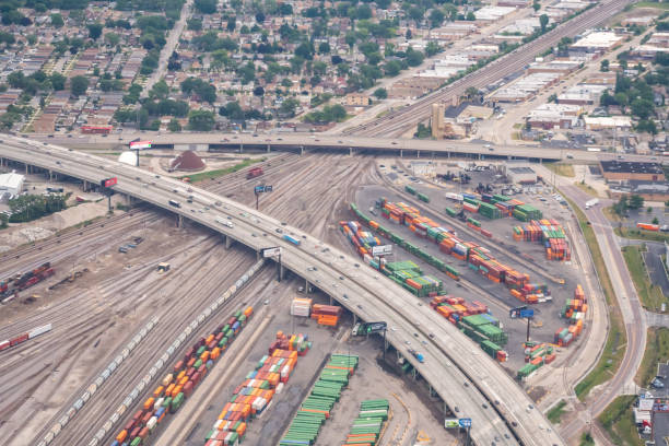 istock Aerial view of rail yard and containers 1412069767