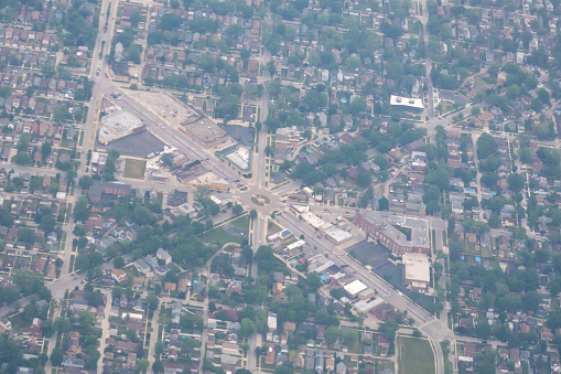 Portage Park, Chicago, Illinois, USA - Overhead view of the famous six corner intersection in the North west Chicago suburbs