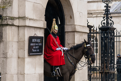 London, United Kingdom - May 29, 2023: Rear view of a horse guardsman in London.