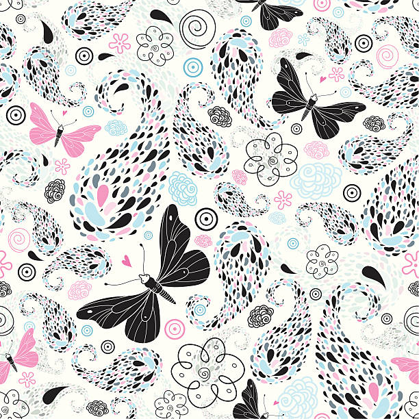 Abstract pattern with butterflies Graphical abstract seamless pattern with black and pink butterflies on a white background simple butterfly outline pictures stock illustrations