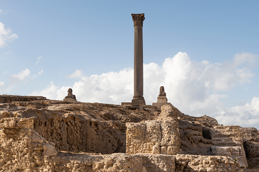 Sphinx and Pompey's Pillar in Alexandria, Egypt.