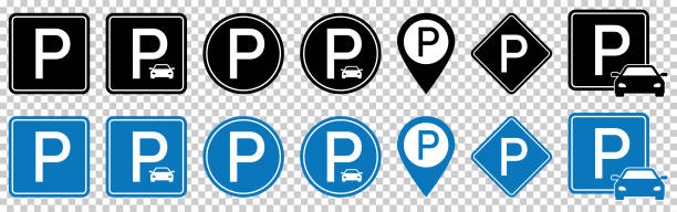 satz blauer und schwarzer parksymbole - letter p direction letter black stock-grafiken, -clipart, -cartoons und -symbole