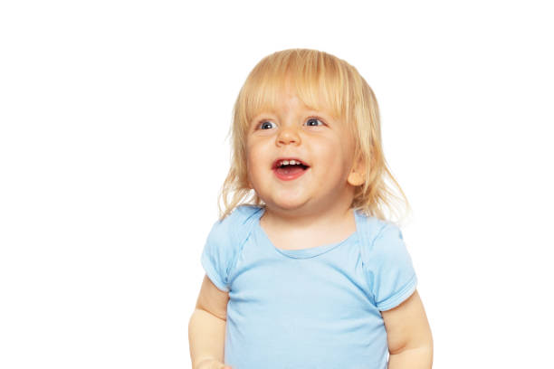 istock Blond toddler boy with open mouth isolated on white 1412089523