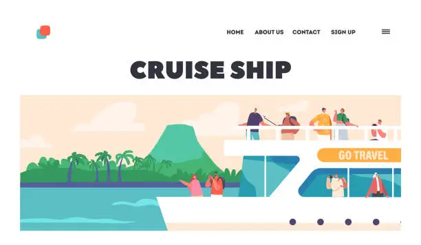 Vector illustration of Cruise Ship Landing Page Template. Tourists Traveling On Liner Take Pictures Tropical Landscape. Summer Marine Trip