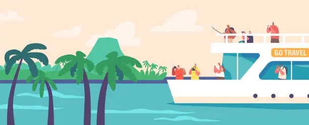 Vector illustration of Summertime Vacation Journey On Nautical Passenger Vessel. People On Cruise Liner Deck Shoot Seascape Andtropical Nature
