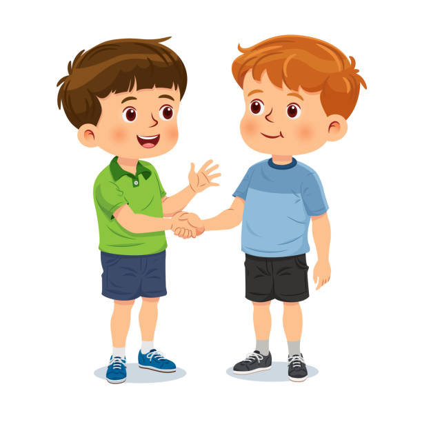 маленький мальчик пожимает руку и приветствует своего друга с улыбкой - child little boys people friendship stock illustrations