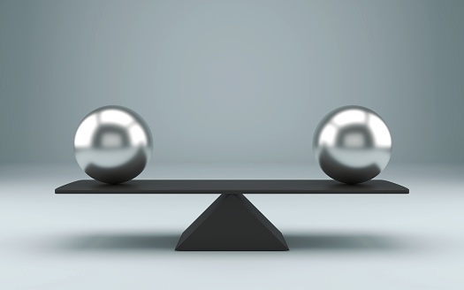 Equal spheres balancing on a seesaw 3d illustration