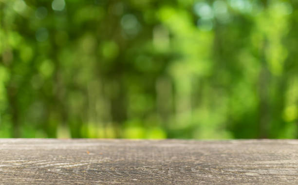 istock Empty wood table with free space against nature background. For product display montage. 1412091283