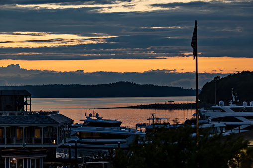 Peaceful dusk setting along the water in Bar Harbor, Maine outside of Acadia National Park.