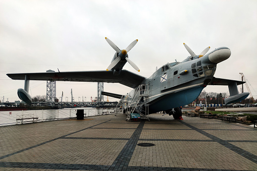 KALININGRAD, RUSSIA - December 15, 2021: Museum of the World Ocean. Anti-submarine Be-12 Chaika product E , according to the NATO codification: Mail Soviet anti-submarine amphibious aircraft