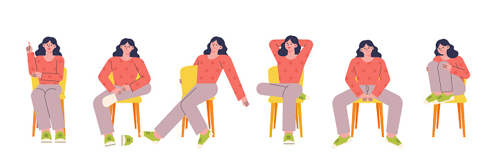 Various postures of a woman sitting on a chair. flat design style vector illustration.