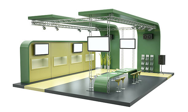 Tradeshow stand, exhibition booth on a white background Empty trade exhibition stand isolated on a white background. 3D rendered illustration booth design stock pictures, royalty-free photos & images
