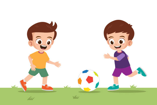 zwei süße jungs, die fußball spielen - jugendfußball stock-grafiken, -clipart, -cartoons und -symbole