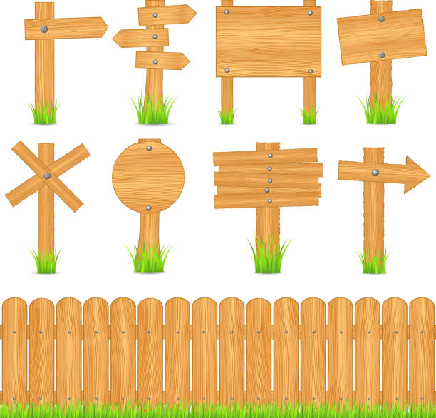 illustrazioni stock, clip art, cartoni animati e icone di tendenza di oggetti in legno - arrow sign road sign fence