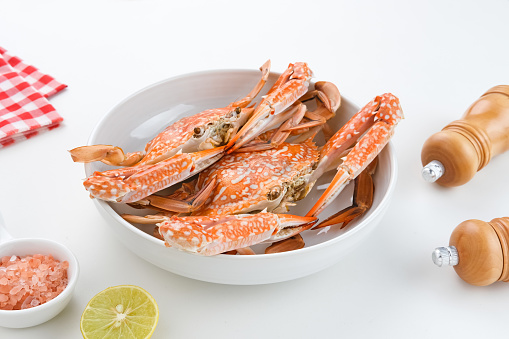 Steamed Blue Crab served on plate, food preparation