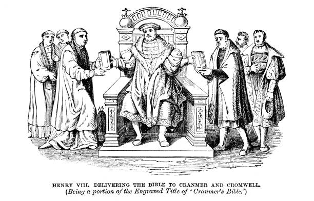 король генрих viii дарит библии кранмеру и кромвелю; британская история 16-го века - henry viii tudor style king nobility stock illustrations