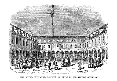 The New Royal Exchange built in the early 1840s by Sir Thomas Gresham, in London, England. Illustration published 1893. Source: Original edition is from my own archives. Copyright has expired and is in Public Domain.