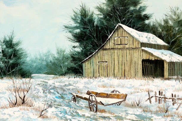 Winter Landscape and Wooden Wagon Oil Painting Oil painting of an old barn house and wooden wagon in winter landscape. Christmas Holiday or Old West concept. christmas oil painting stock illustrations