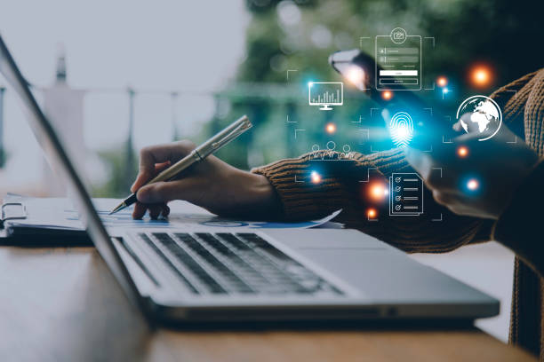istock Online transactions, Businessman touching fingerprint scan provides security interface payment shopping banking and cloud computing network connection on virtual screen. 1412114794