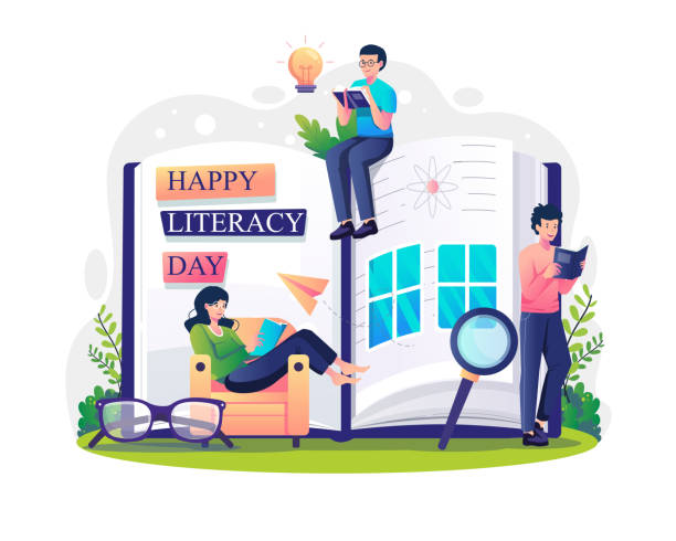 International Literacy day concept with People relaxing while reading books. Vector illustration in flat style International Literacy day concept with People relaxing while reading books. Vector illustration in flat style International Literacy Day stock illustrations