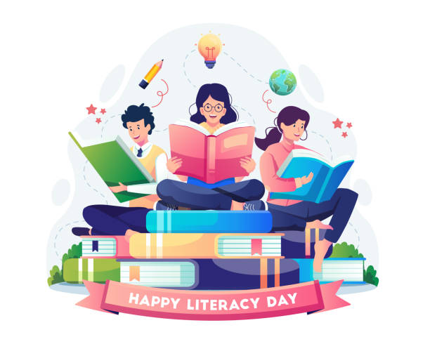 ilustrações de stock, clip art, desenhos animados e ícones de people are reading books to celebrate international literacy day on the 8th of september. vector illustration in flat style - woman with glasses reading a book