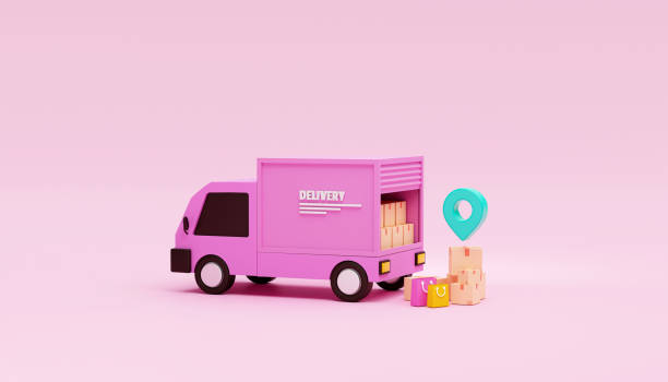 istock Pink delivery car deliver express and Pin pointer mark location and cardboard boxes delivery transportation logistics website banner concept on white background 3d rendering illustration 1412117456