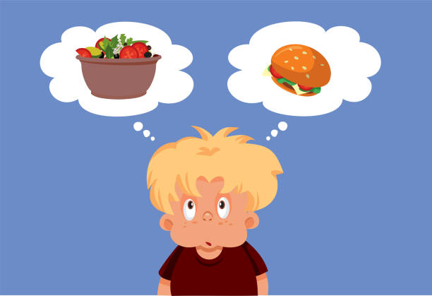 太りすぎの子供は健康的なベクター漫画を食べることを考えています - overweight child eating hamburger点のイラスト素材／クリップアート素材／マンガ素材��／アイコン素材