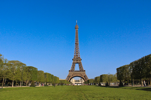 Summer Eiffel Tower - Clear Sky - View from the garden with green grass - Garden of the Eiffel Tower