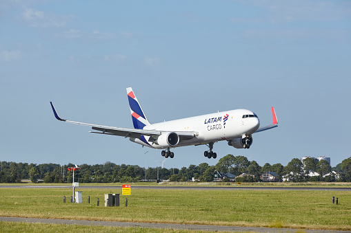 Amsterdam, The Netherlands - July, 24, 2022. The Boeing 767-316(ER)(BCF) of LATAM Cargo Colombia with the identification CC-CXK lands at Amsterdam Airport Schiphol (The Netherlands, AMS, runway Polderbaan) on July 24, 2022.