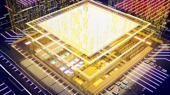 Binary digital computing, functional computing technology, cyber future concept, 3d rendering.