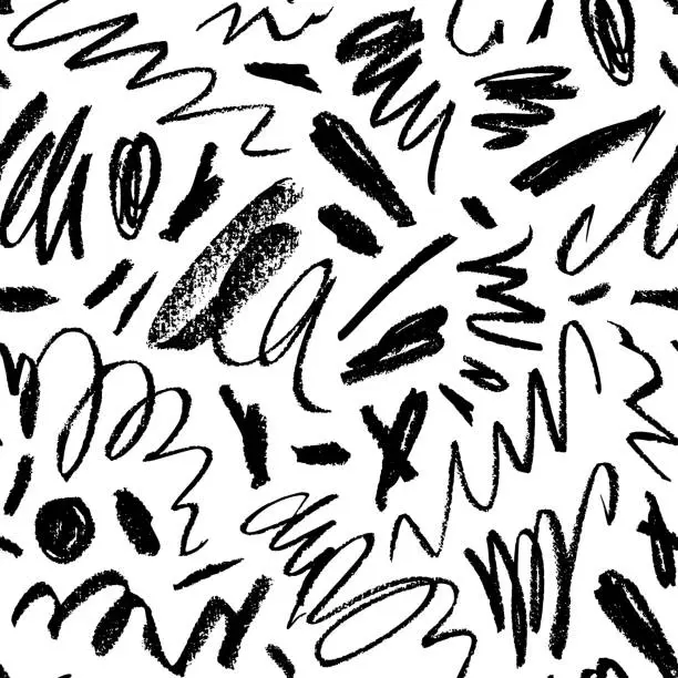 Vector illustration of Black swirl charcoal strokes vector seamless pattern.