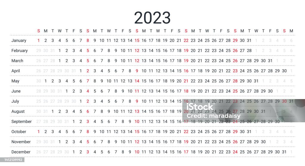 Linear Calendar For 2023 Year Vector Illustration Yearly Calender