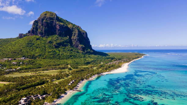 le morne strand mauritius,tropischer strand mit palmen und weißem sandblauem meer und strandliegen mit sonnenschirm,liegestühle und sonnenschirm unter einer palme an einem tropischen himmel, le morne strand mauritius - sea high angle view water tranquil scene stock-fotos und bilder