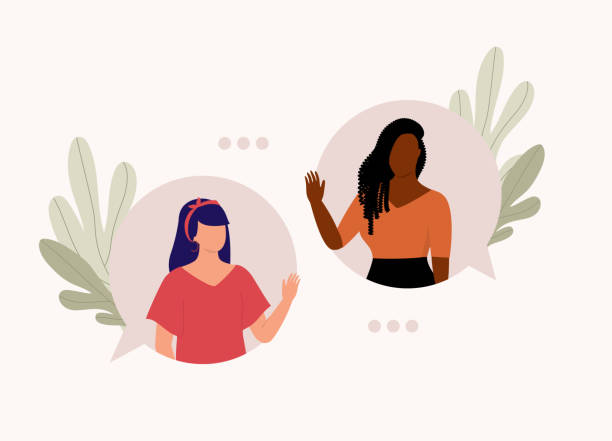 Mixed Race Female Friend Chatting With Each Other. Two Female Friend With Different Ethnicity Inside Of Chat Bubble Talking With Each Other. Isolated On Color Background. two women stock illustrations