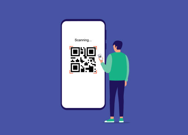 Young Man Using Mobile Phone To Scan A QR Code. One Young Man Using Mobile Phone To Scan A QR Code. Isolated On Color Background. coding qr code mobile phone telephone stock illustrations