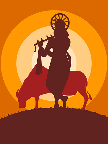 Hindu god Lord Krishna silhouette vector illustration.