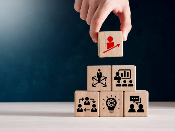 Business personal development, improving and developing competency and business performance. Business personal development, improving and developing competency and business performance. Hand holds wooden cubes with personal growth icon on stack of wooden cubes. growth occupation business support stock pictures, royalty-free photos & images