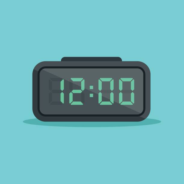 ilustraciones, imágenes clip art, dibujos animados e iconos de stock de ilustración del icono del número de reloj digital en estilo plano. lcd ver ilustración vectorial sobre fondo aislado. concepto de negocio de señal de alarma de tiempo. - despertador