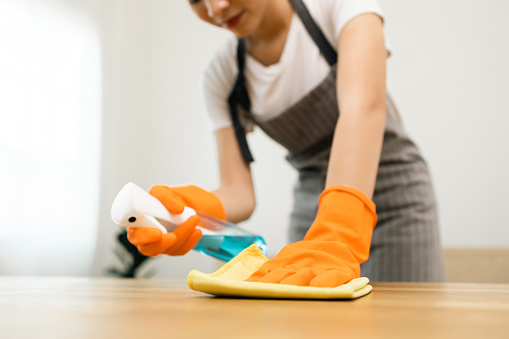 Housewife with rubber gloves and apron with spray bottle and microfiber towel to clean table at apartment. Young woman is happy to clean home. Maid cleaning service.