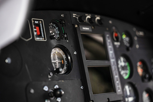 Close-Up of dashboard of helicopter in hanger.