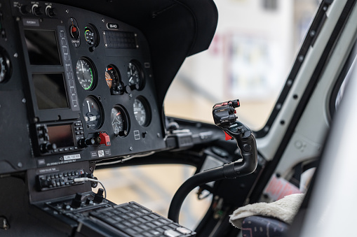 Close-Up of cockpit of helicopter in hanger.