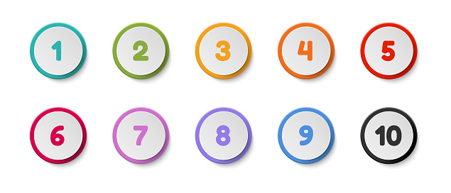Colorful Round Number Button Set From 1 To 10 - Vector Illustrations Isolated On White Background