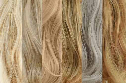 Six samples of strands blonde hair in different shades. Hair coloring. Hair dye.